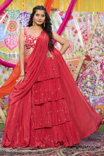 Load image into Gallery viewer, Rust Color Pure Crepe Chinon Sequins And Pearl Work Drape Saree With Designer Skirt