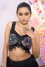Load image into Gallery viewer, Black Organza Printed And Sequins Work Flair Lehenga Choli With Ruffle Dupatta