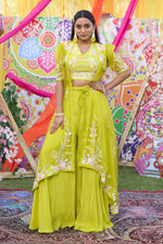 Load image into Gallery viewer, Lime Green Organza And Pure Crepe Total Hand Work Stylish Indo Western Palazzo With Shrug