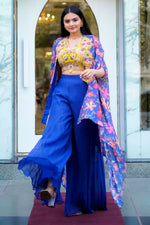 Load image into Gallery viewer, Blue Palazzo With Floral Crepe Spaghetti Blouse
