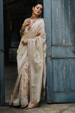 Load image into Gallery viewer, Striking Beige Color Organza Weaving Work Designer Festive Wear Saree With Fancy Blouse