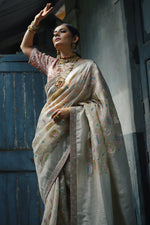 Load image into Gallery viewer, Striking Beige Color Organza Weaving Work Designer Festive Wear Saree With Fancy Blouse