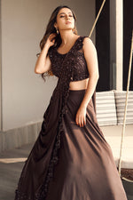 Load image into Gallery viewer, Brown Color Gorgeous Sequence Work Indo Western Lehenga Style Saree