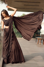 Load image into Gallery viewer, Brown Color Gorgeous Sequence Work Indo Western Lehenga Style Saree