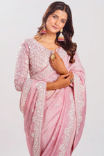 Load image into Gallery viewer, Powder Pink Color Organza Hand Work Saree With Long Sleeves Readymade Blouse