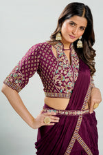 Load image into Gallery viewer, Pure Silk Fabric Hand Work Drapping Waist Belt Ready To Wear Saree With High Neck Pattern Blouse