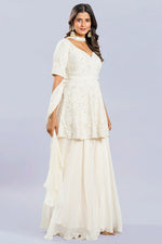 Load image into Gallery viewer, Pure Silk Pearl Work Peplum Style Sharara Suit With Bow Neck Duppata