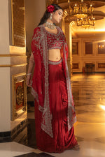 Load image into Gallery viewer, Red Crepe Oxidised Jardoshi Work Indo Western Dhoti With Cape And Heavy Blouse