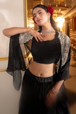 Load image into Gallery viewer, Crepe Organza Mirror Jardoshi Work Classic Black Crop Top With Shrug