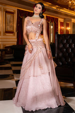 Load image into Gallery viewer, Pink Crop Top Texture Fabric Drap Monotone Sequins With Pipe And Cutdana Work Designer Lehenga