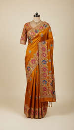 Load image into Gallery viewer, Embellished Marigold Silk Saree
