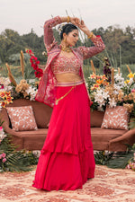 Load image into Gallery viewer, Pure Georgette Rani Tone Small Bidwork Aari And Cross Indowestern Skirt And Waist With Jacket