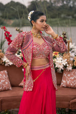Load image into Gallery viewer, Pure Georgette Rani Tone Small Bidwork Aari And Cross Indowestern Skirt And Waist With Jacket