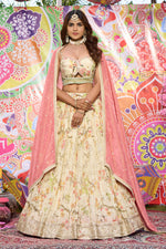 Load image into Gallery viewer, Beige Color Chinon Crepe Fabric Print With Handwork Designer Lehenga With Beautiful Spaghetti Straps Blouse