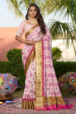 Load image into Gallery viewer, Beige Dola Silk Patola Print Heavy Katha And French Knot Work Saree With Designer Blouse
