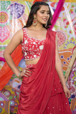 Load image into Gallery viewer, Rust Color Pure Crepe Chinon Sequins And Pearl Work Drape Saree With Designer Skirt