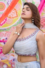 Load image into Gallery viewer, Aqua Color Fancy Fabric Printed And Cut Dana Hand Work Skirt With One Side Designer Blouse