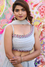 Load image into Gallery viewer, Aqua Color Fancy Fabric Printed And Cut Dana Hand Work Skirt With One Side Designer Blouse