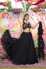 Load image into Gallery viewer, Black Organza Printed And Sequins Work Flair Lehenga Choli With Ruffle Dupatta