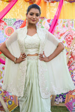 Load image into Gallery viewer, Pista Color Organza Crepe Zardosi Work Dhoti Style Indo Western Skirt