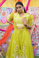 Load image into Gallery viewer, Lime Green Organza And Pure Crepe Total Hand Work Stylish Indo Western Palazzo With Shrug