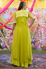 Load image into Gallery viewer, Lime Green Organza And Pure Crepe Total Hand Work Stylish Indo Western Palazzo With Shrug