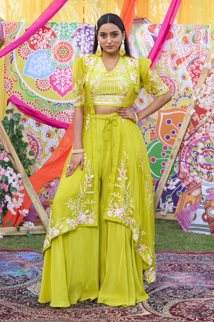Lime Green Organza And Pure Crepe Total Hand Work Stylish Indo Western Palazzo With Shrug