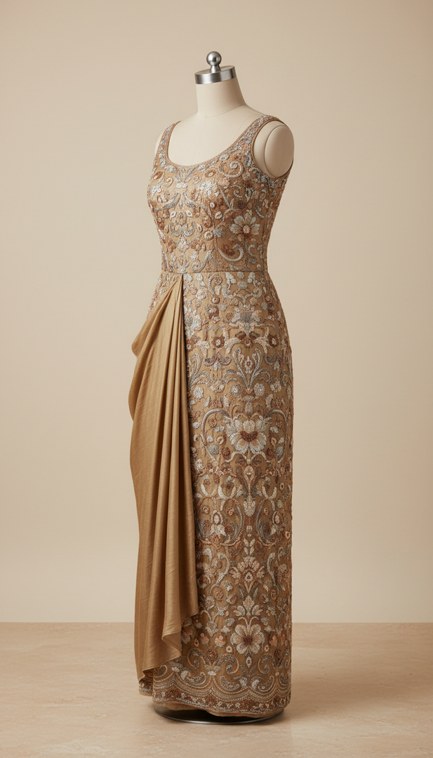 Muted Gold Hand-Embroidered Designer Gown