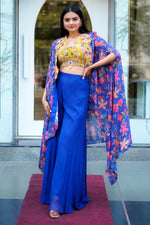 Load image into Gallery viewer, Blue Palazzo With Floral Crepe Spaghetti Blouse