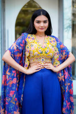 Load image into Gallery viewer, Blue Palazzo With Floral Crepe Spaghetti Blouse