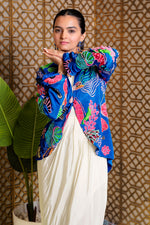 Load image into Gallery viewer, Floral Crepe One Piece With Floral Jacket In Electric Blue And Yellow