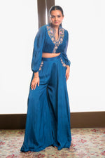 Load image into Gallery viewer, Chinon Crepe Palazzo With Jardoshi And French Knot Handwork Top