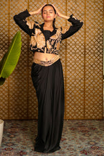 Load image into Gallery viewer, Black Crepe Dhoti Skirt With Gold Sequin Top And Inner