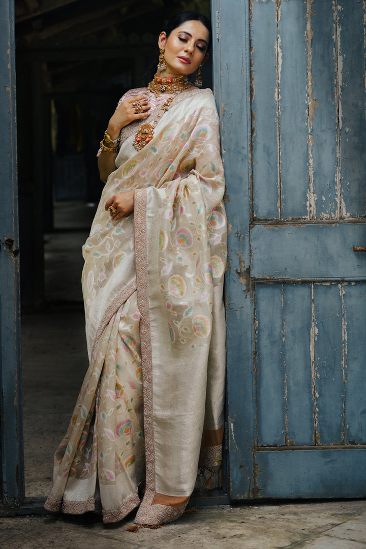 Striking Beige Color Organza Weaving Work Designer Festive Wear Saree With Fancy Blouse