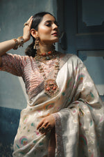 Load image into Gallery viewer, Striking Beige Color Organza Weaving Work Designer Festive Wear Saree With Fancy Blouse