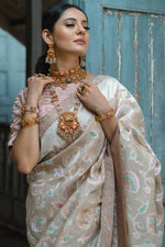 Load image into Gallery viewer, Striking Beige Color Organza Weaving Work Designer Festive Wear Saree With Fancy Blouse