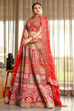 Load image into Gallery viewer, Engaging Red Color Raw Silk Fabric Designer Bridal Look Lehenga Choli With Sabya Style Blouse