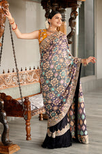 Load image into Gallery viewer, Fetching Black Color Designer Half And Half Bandhej Pure Saree With Fancy Short Sleeve Blouse