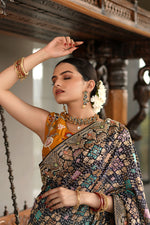Load image into Gallery viewer, Fetching Black Color Designer Half And Half Bandhej Pure Saree With Fancy Short Sleeve Blouse