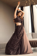 Load image into Gallery viewer, Brown Color Gorgeous Sequence Work Indo Western Lehenga Style Saree