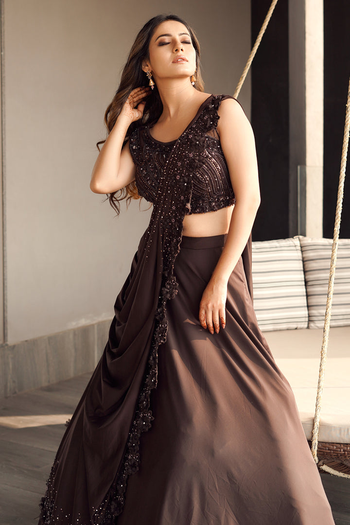 Brown Color Gorgeous Sequence Work Indo Western Lehenga Style Saree