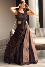 Load image into Gallery viewer, Brown Color Gorgeous Sequence Work Indo Western Lehenga Style Saree