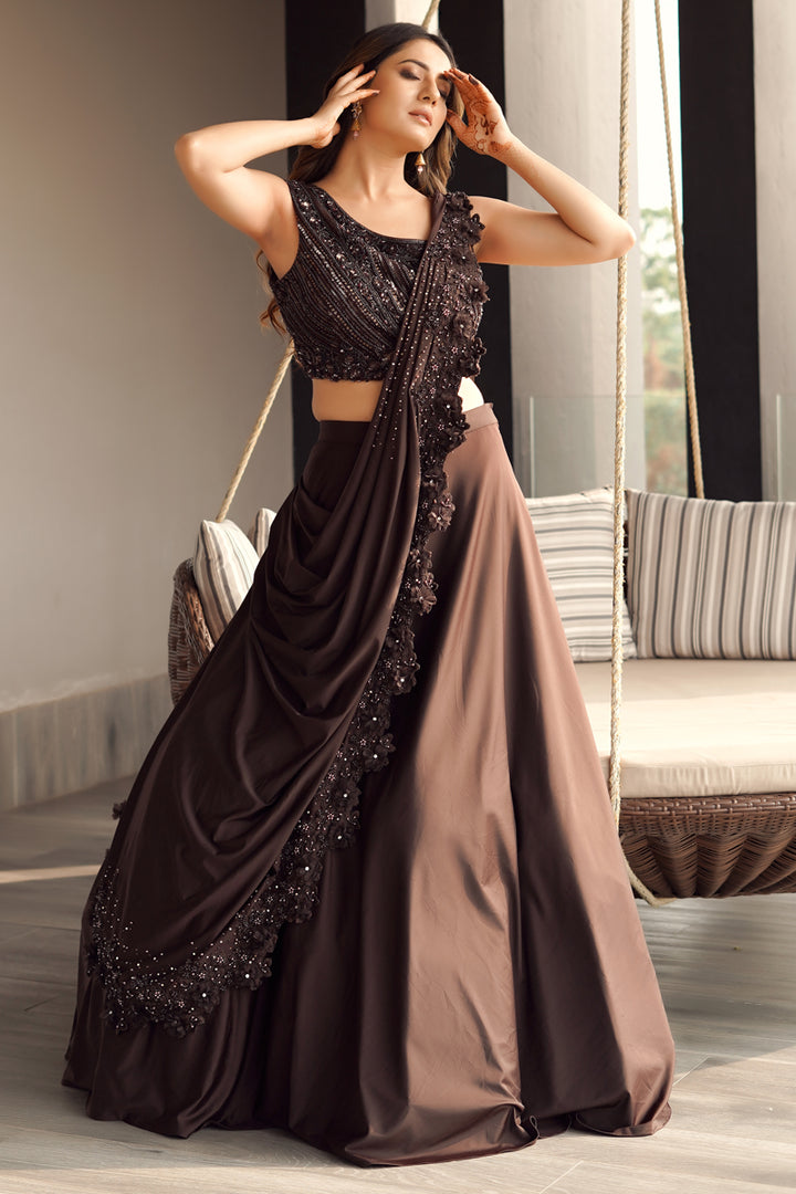 Brown Color Gorgeous Sequence Work Indo Western Lehenga Style Saree