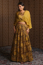 Load image into Gallery viewer, Appealing Mustard Color Hand Work Crop Top With Peacock Art Print Designer Skirt