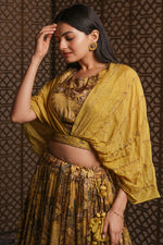 Load image into Gallery viewer, Appealing Mustard Color Hand Work Crop Top With Peacock Art Print Designer Skirt