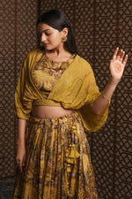 Load image into Gallery viewer, Appealing Mustard Color Hand Work Crop Top With Peacock Art Print Designer Skirt