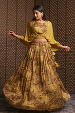 Load image into Gallery viewer, Appealing Mustard Color Hand Work Crop Top With Peacock Art Print Designer Skirt