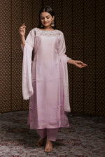 Load image into Gallery viewer, Lavender Pure Dola Silk Handwork On Yok Readymade Suit With Organza Scallop Dupatta