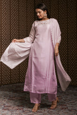 Load image into Gallery viewer, Lavender Pure Dola Silk Handwork On Yok Readymade Suit With Organza Scallop Dupatta