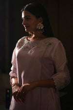 Load image into Gallery viewer, Lavender Pure Dola Silk Handwork On Yok Readymade Suit With Organza Scallop Dupatta